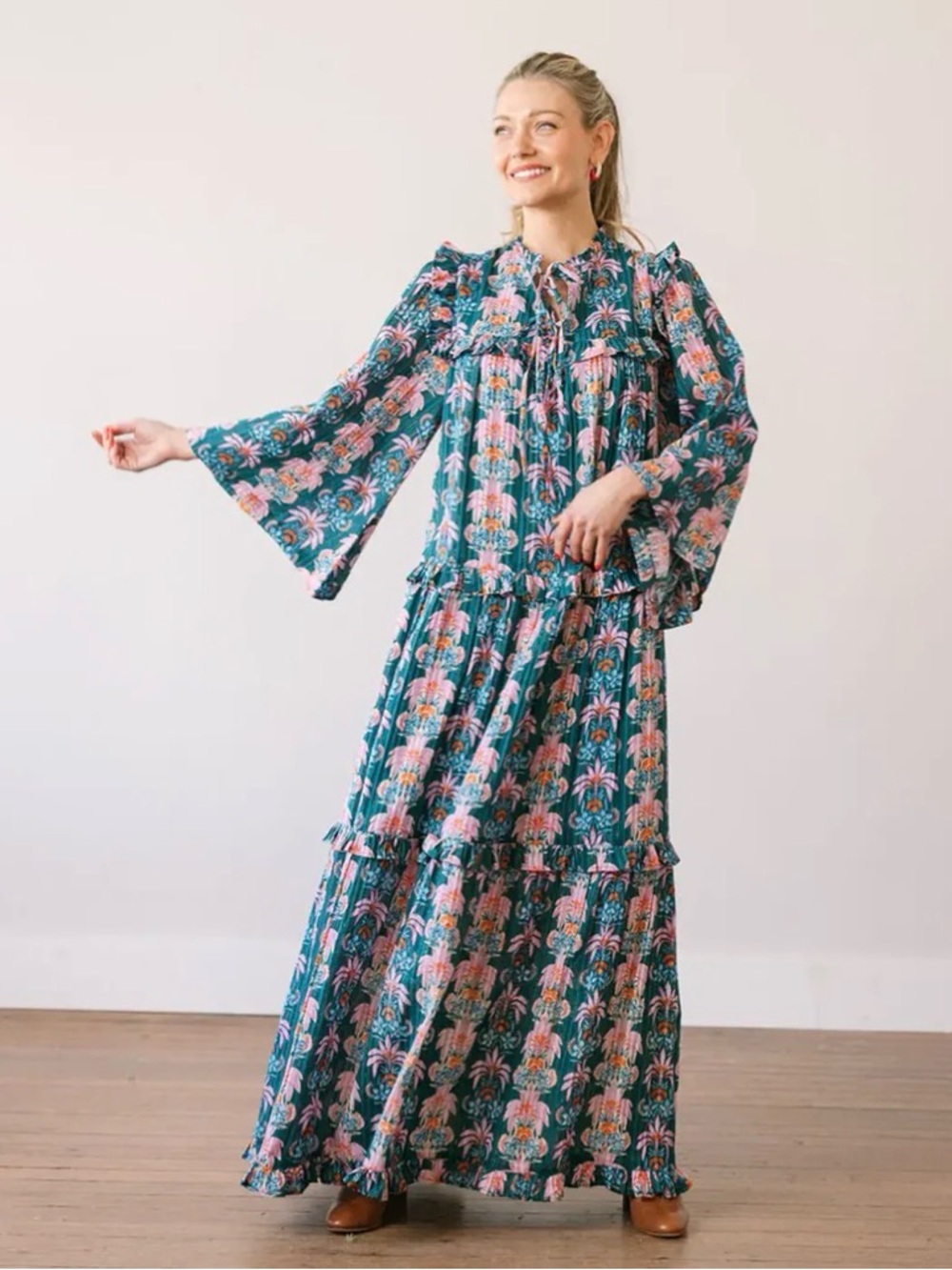 Sunshine Tienda Palm Royale Paradise Maxi Dress XL NWOT Cotton Lurex - Picture 3 of 16